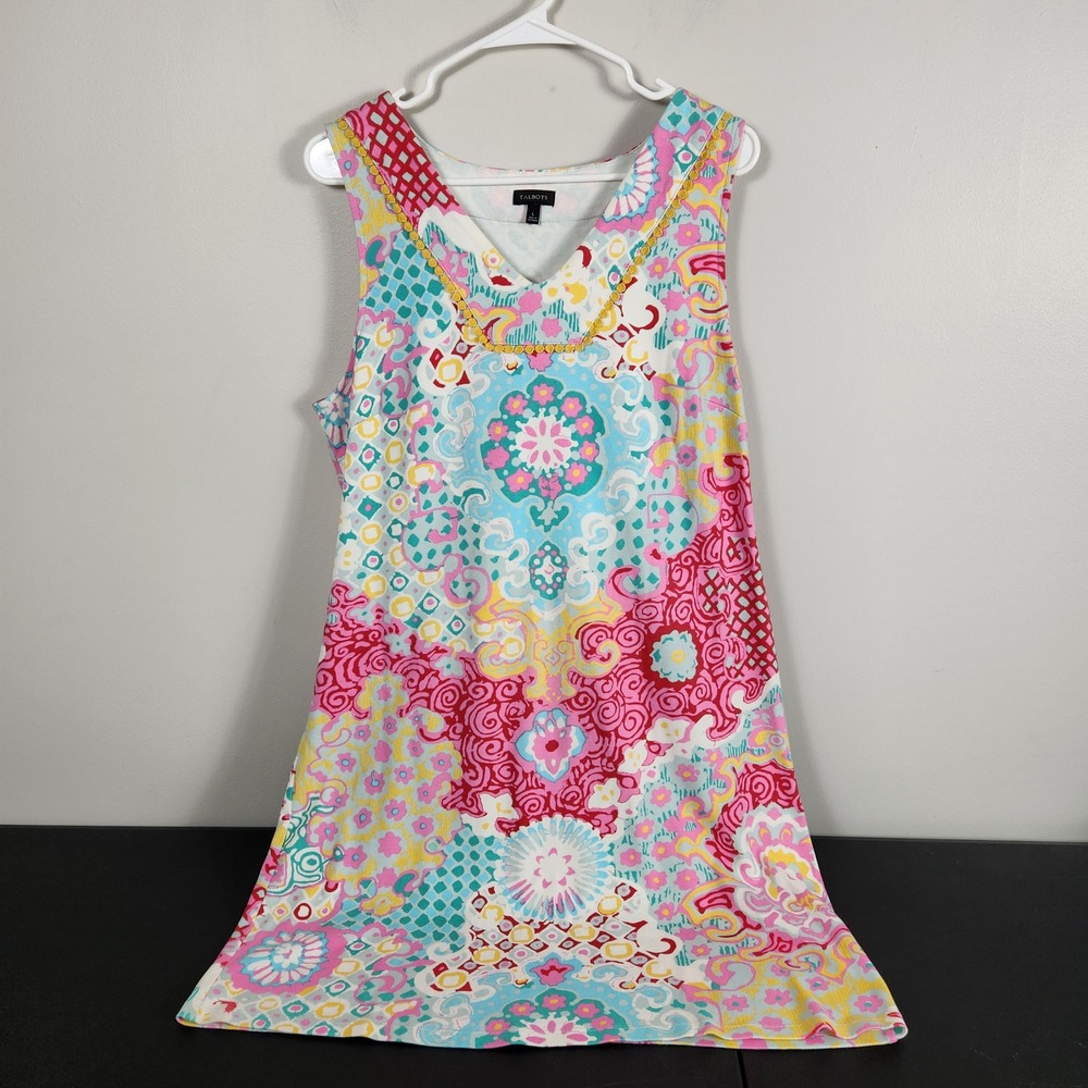 Talbots Womens Cotton Sleeveless Shift Dress Pink Blue Floral Paisley V-Neck L